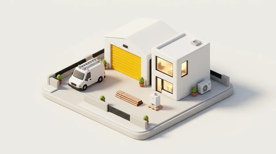 Illustration: Miniatur eines SHK-Betriebs mit Werkstatt, Bürotrakt, Servicewagen und Heizungsteilen