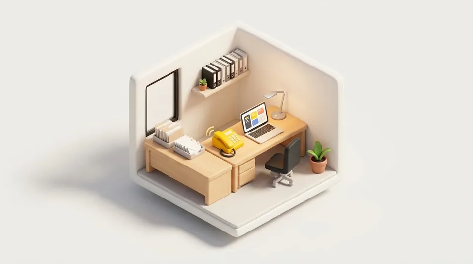 Illustration: Büro mit Schreibtisch, klingelndem Telefon und Papierstapeln