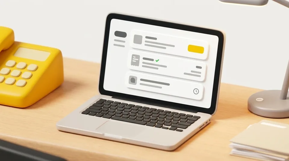 Illustration: Laptop mit geordneten Karten für Angebot, Rechnung und Zahlungserinnerung